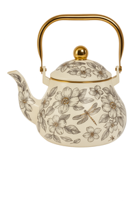 bouilloire vintage en émail motif floral poignée dorée