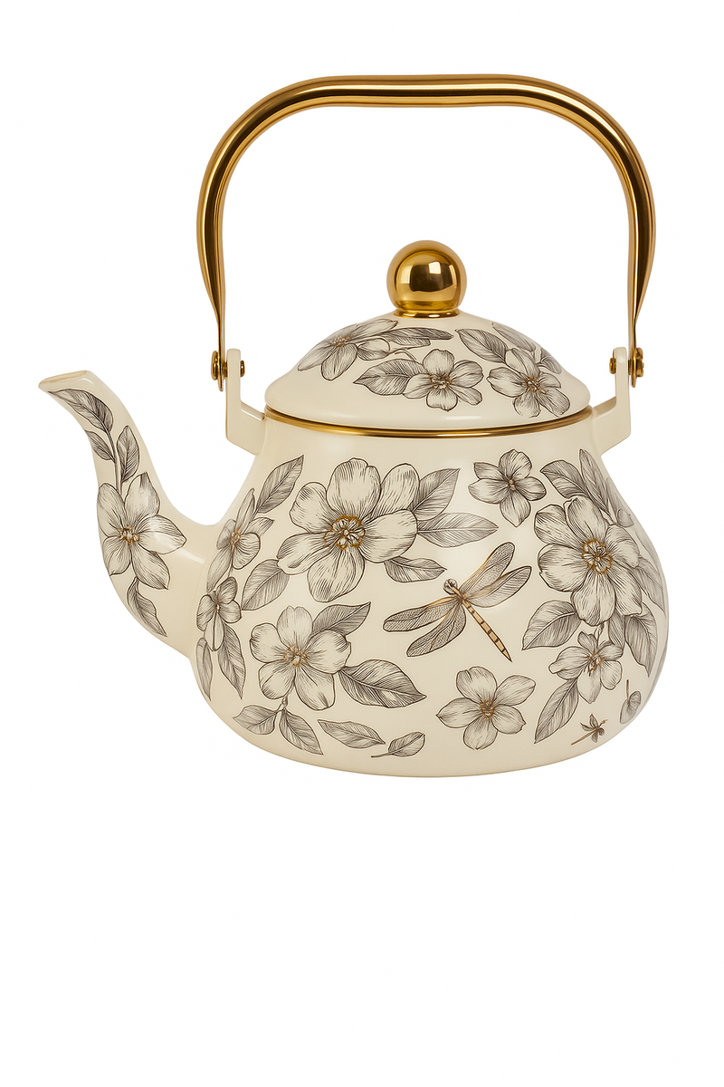bouilloire vintage en émail motif floral poignée dorée