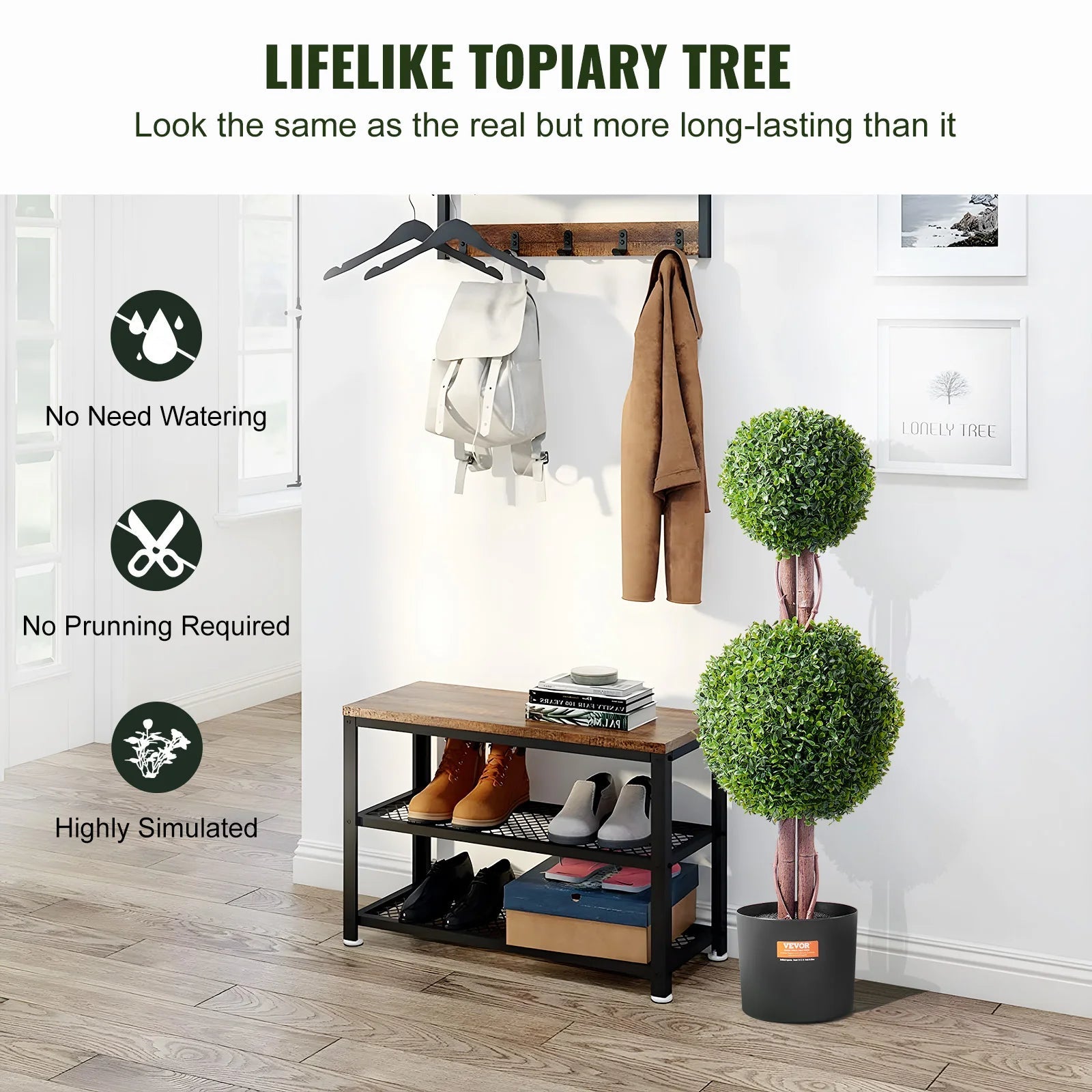 buis artificiel topiaire double boule avec feuillage et pot décoratif