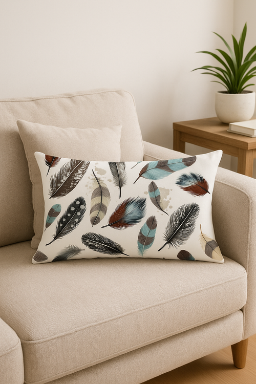 coussin décoratif rectangulaire motif plumes 30 x 50 cm - vue 2 sur 2