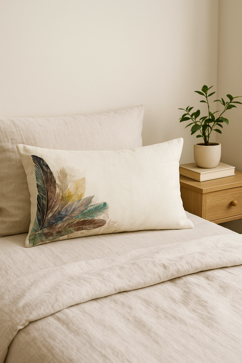 coussin décoratif rectangulaire motif plumes 30 x 50 cm - vue 2 sur 2