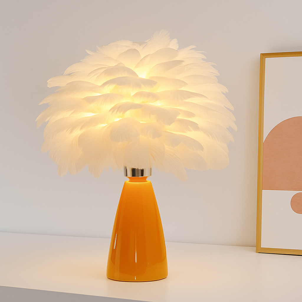 Creative Nordic desk lamp, warm bedroom feather lamp, fashionable and simple study ceramic decorative lamp - vue 3 sur 7