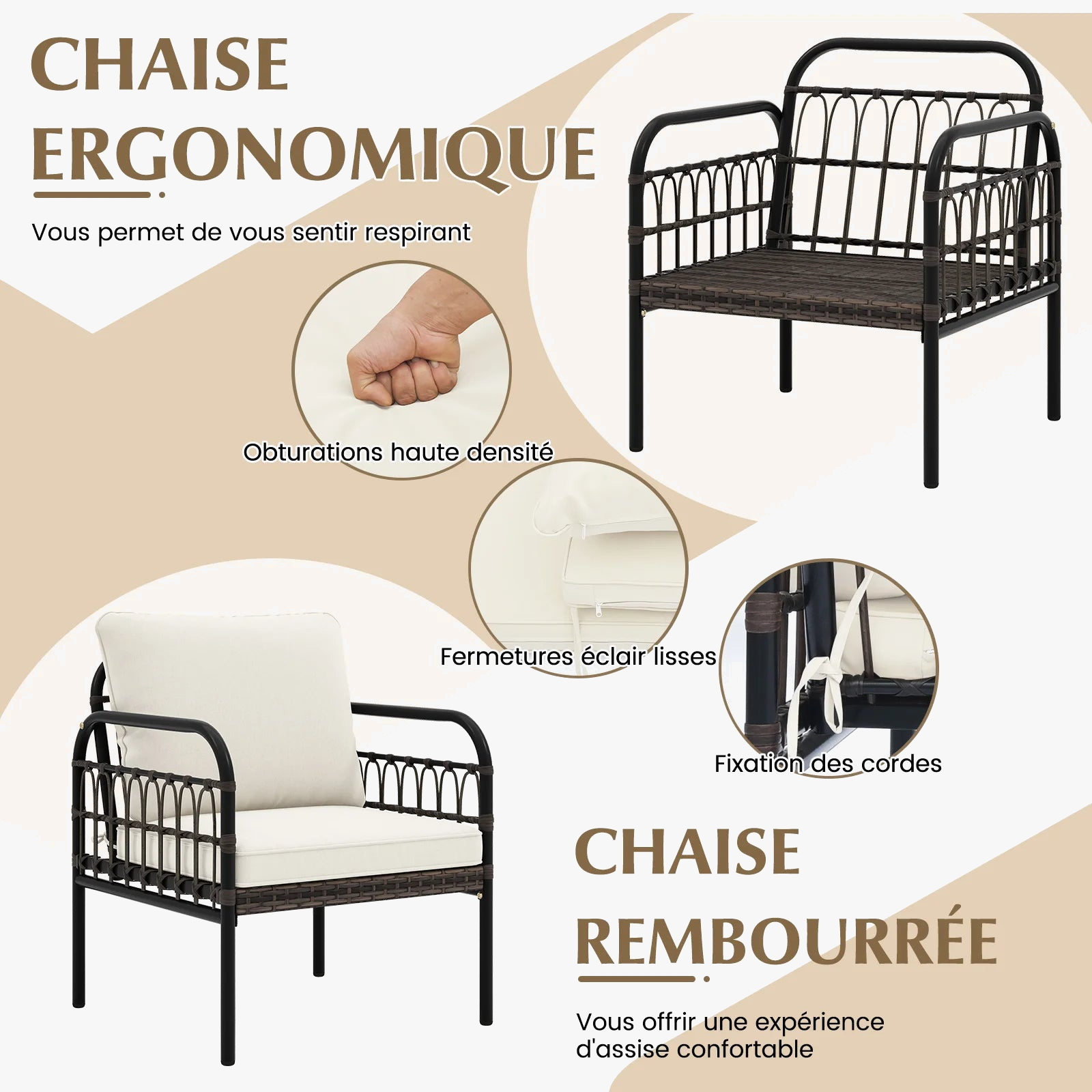 ensemble de fauteuils en rotin pour jardin avec table et coussins