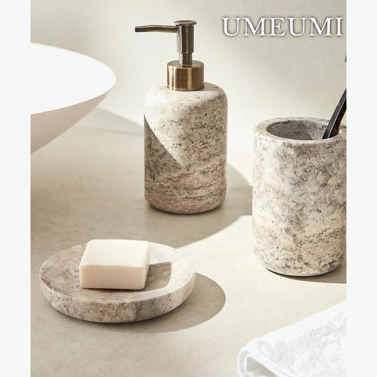 Ensemble Salle De Bain 3 Pièces En Marbre Naturel Italien - Porte-Brosse à Dents, Distributeur De Savon, Porte-Savon - Blanc