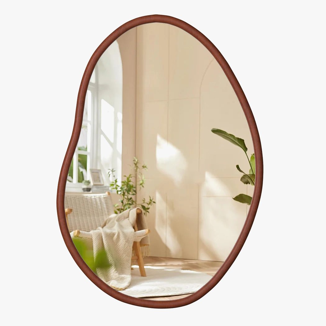 grand miroir mural asymétrique avec cadre en bois naturel