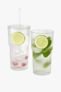 Grande tasse verre rayé avec couvercle et paille