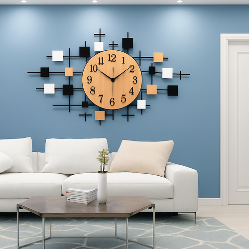 Horloge murale design en bois et carrés Home - vue 2 sur 4
