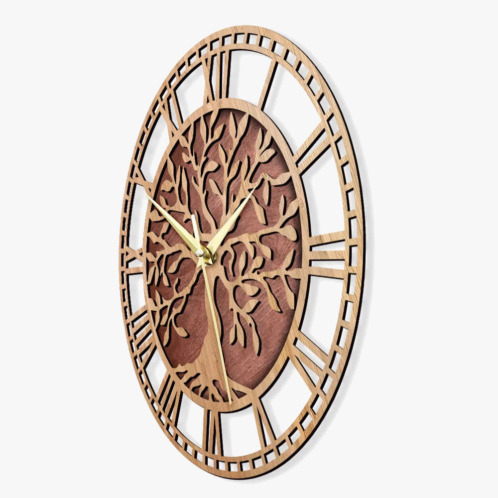 horloge murale en bois arbre de vie style ferme décorative et silencieuse