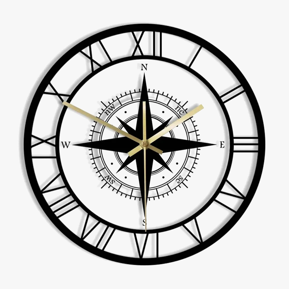horloge murale silencieuse avec boussole et carte de direction