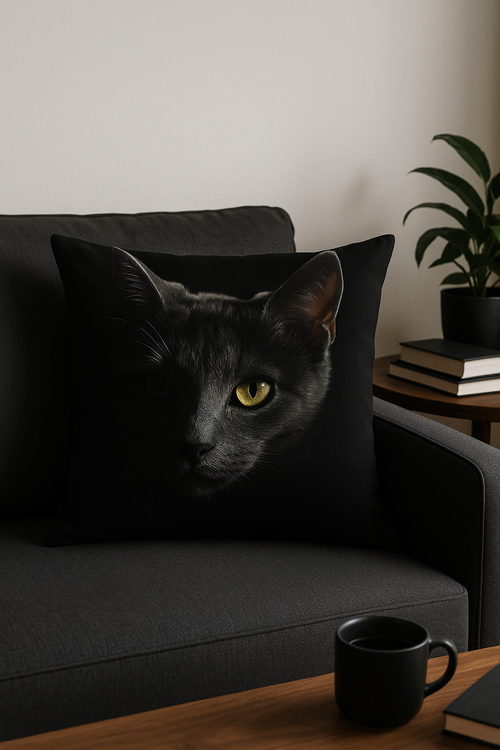 housse de coussin carrée imprimée chat noir décoratif - vue 2 sur 2