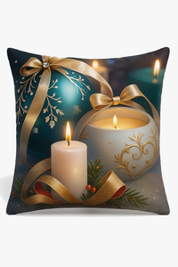housse de coussin décorative avec boules de noël et nœud doré