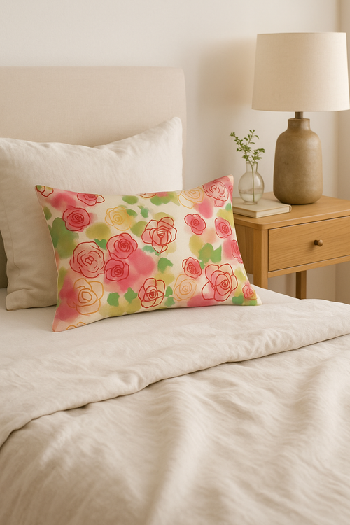 housse de coussin décorative à motif fleurs rouges et arc-en-ciel - vue 3 sur 2