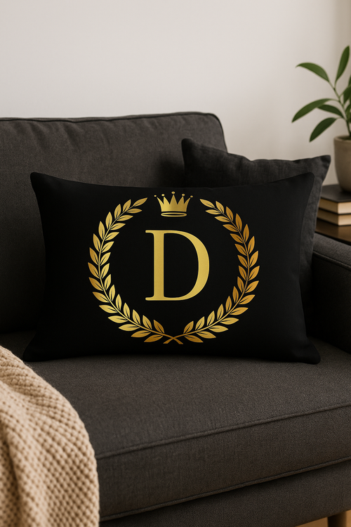 housse de coussin décorative à motif lettres noires et dorées - vue 2 sur 2