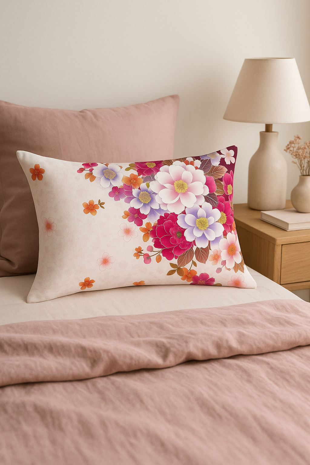 housse de coussin décorative arc-en-ciel fleurs rouges et roses - vue 2 sur 2