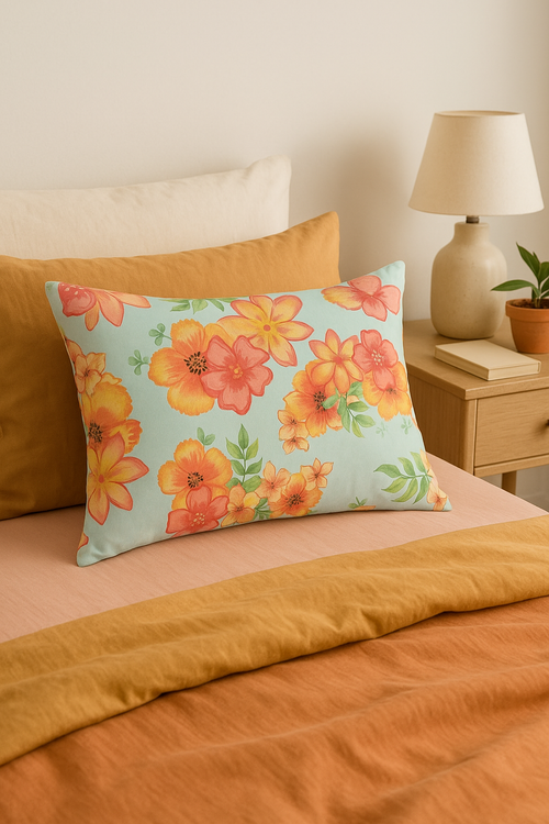 housse de coussin décorative arc-en-ciel fleurs rouges et roses - vue 3 sur 2