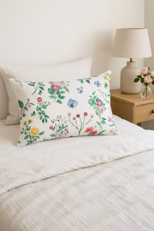 housse de coussin décorative arc-en-ciel fleurs rouges et roses - vue 2 sur 2