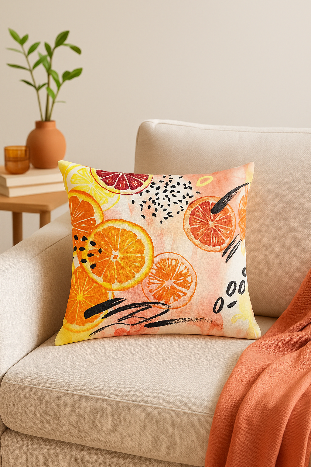 housse de coussin décorative fruits d'été citron orange fraise pastèque