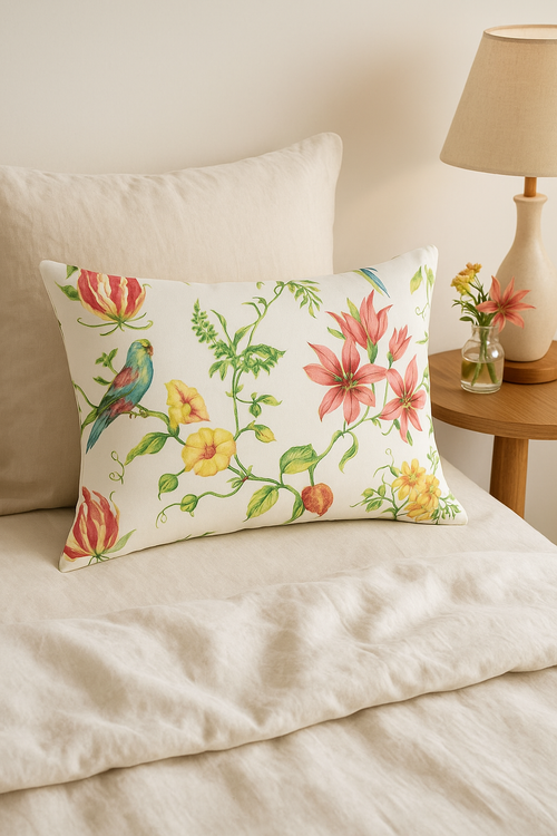housse de coussin décorative motif arc-en-ciel fleurs rouges roses - vue 3 sur 2