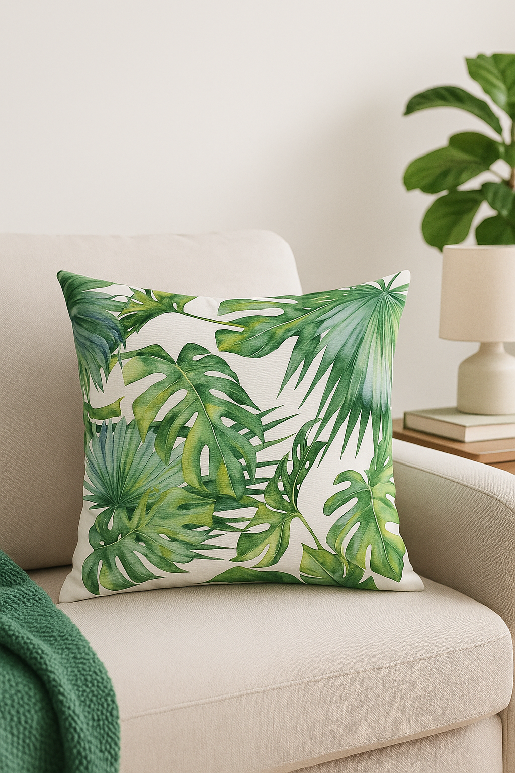 housse de coussin décorative motif cactus et plantes tropicales
