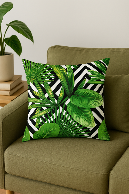 housse de coussin décorative motif cactus et plantes tropicales