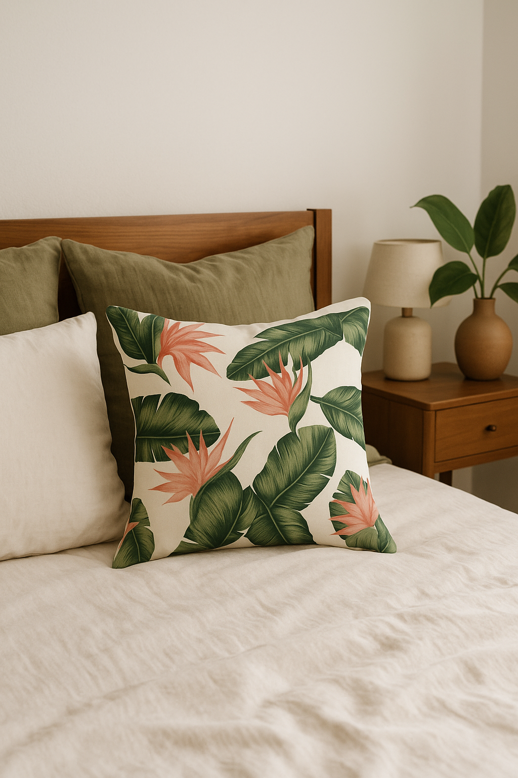 housse de coussin décorative motif cactus et plantes tropicales