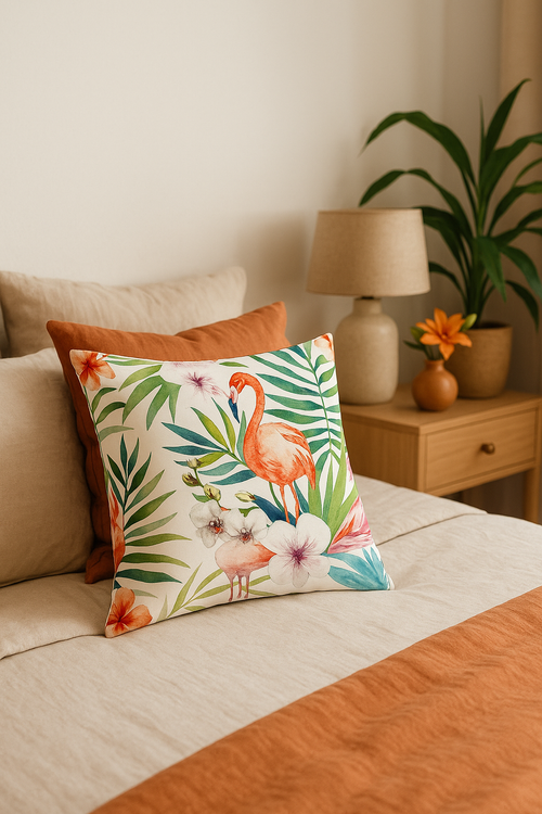 housse de coussin décorative motif cactus et plantes tropicales