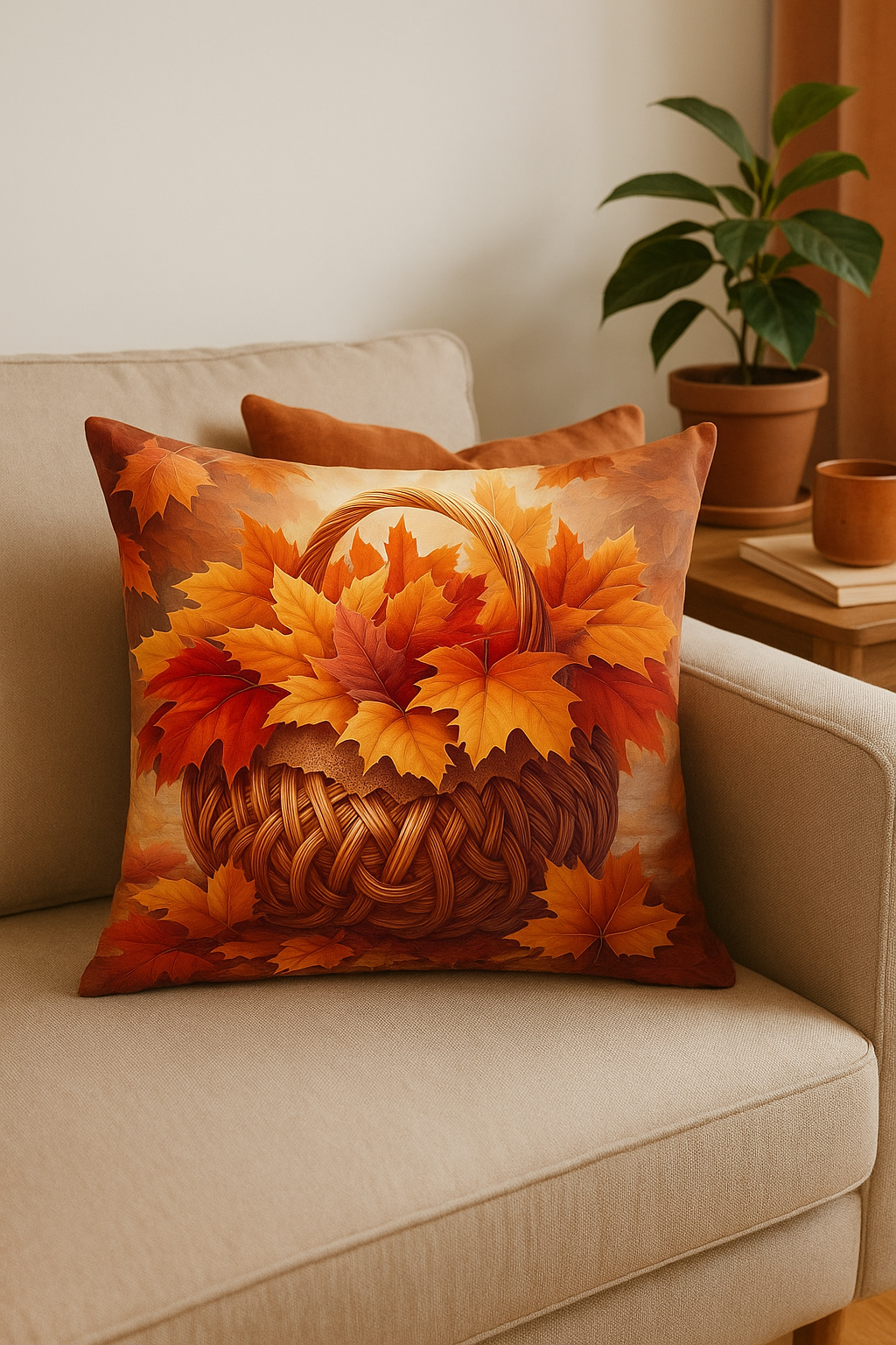 housse de coussin décorative motif feuilles d'automne et panier