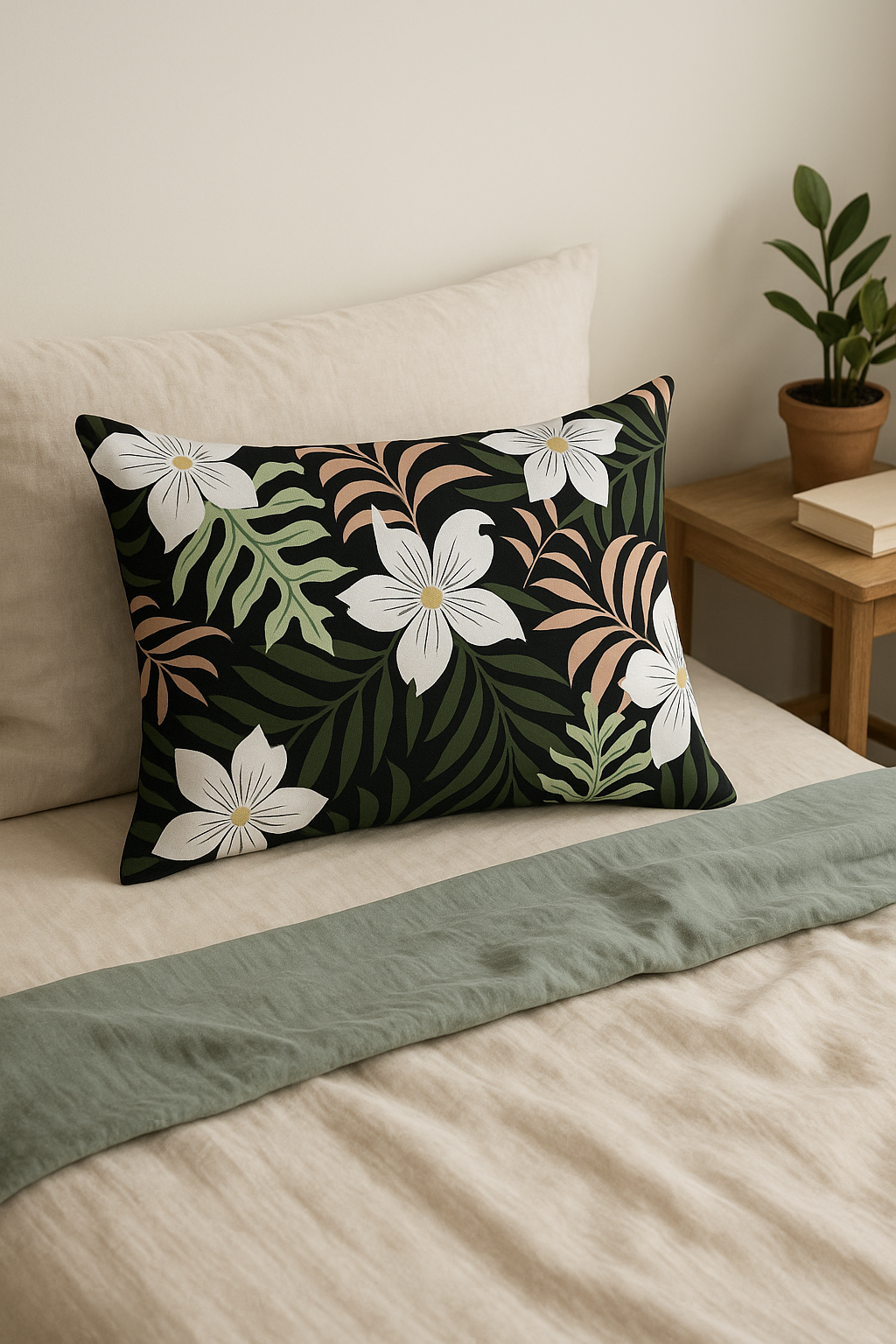 housse de coussin décorative motif feuilles tropicales vertes 30x50 cm - vue 2 sur 2