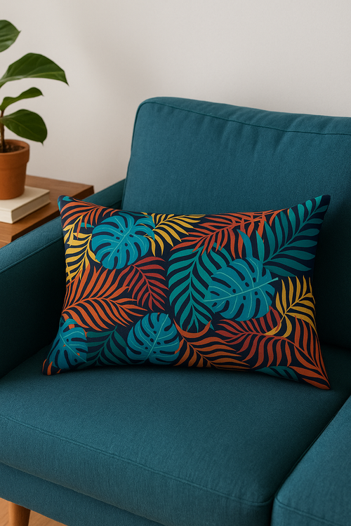 housse de coussin décorative motif feuilles tropicales vertes 30x50 cm - vue 2 sur 2