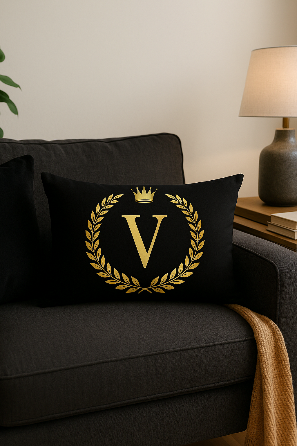 housse de coussin décorative motif lettres noires dorées