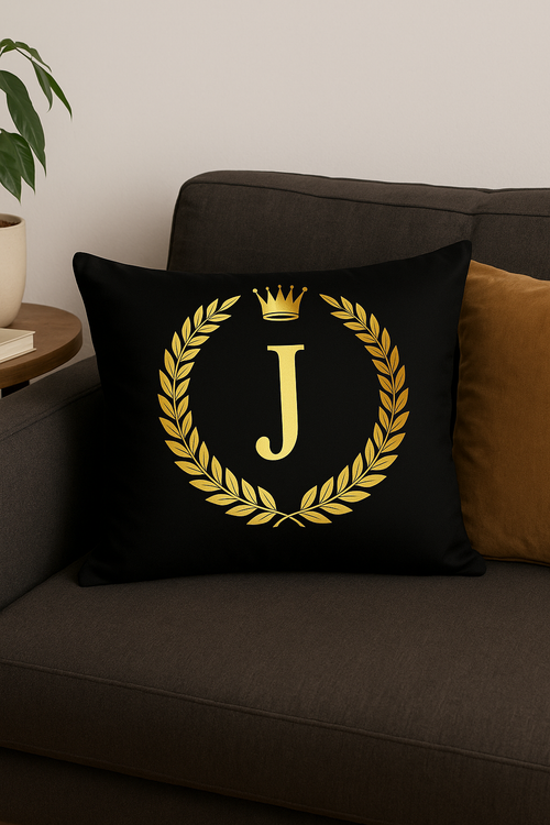housse de coussin décorative motif lettres noires et dorées - vue 2 sur 2