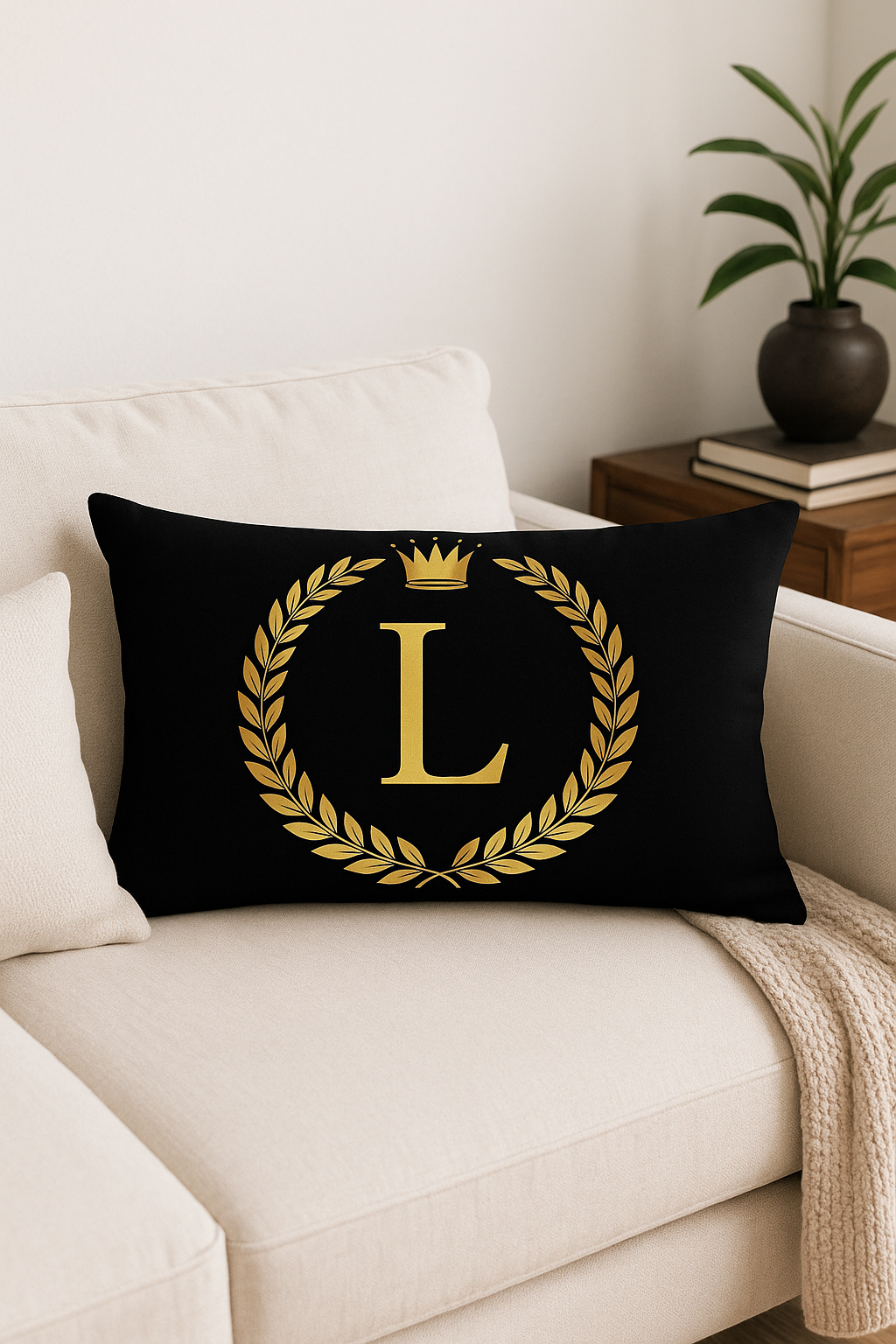 housse de coussin décorative motif lettres noires et dorées - vue 2 sur 2