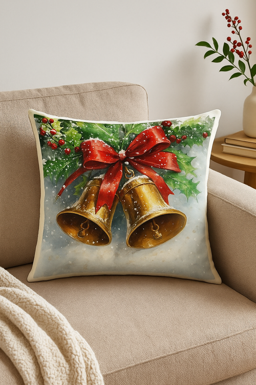 housse de coussin décorative motif père noël et cloches de noël - vue 2 sur 2