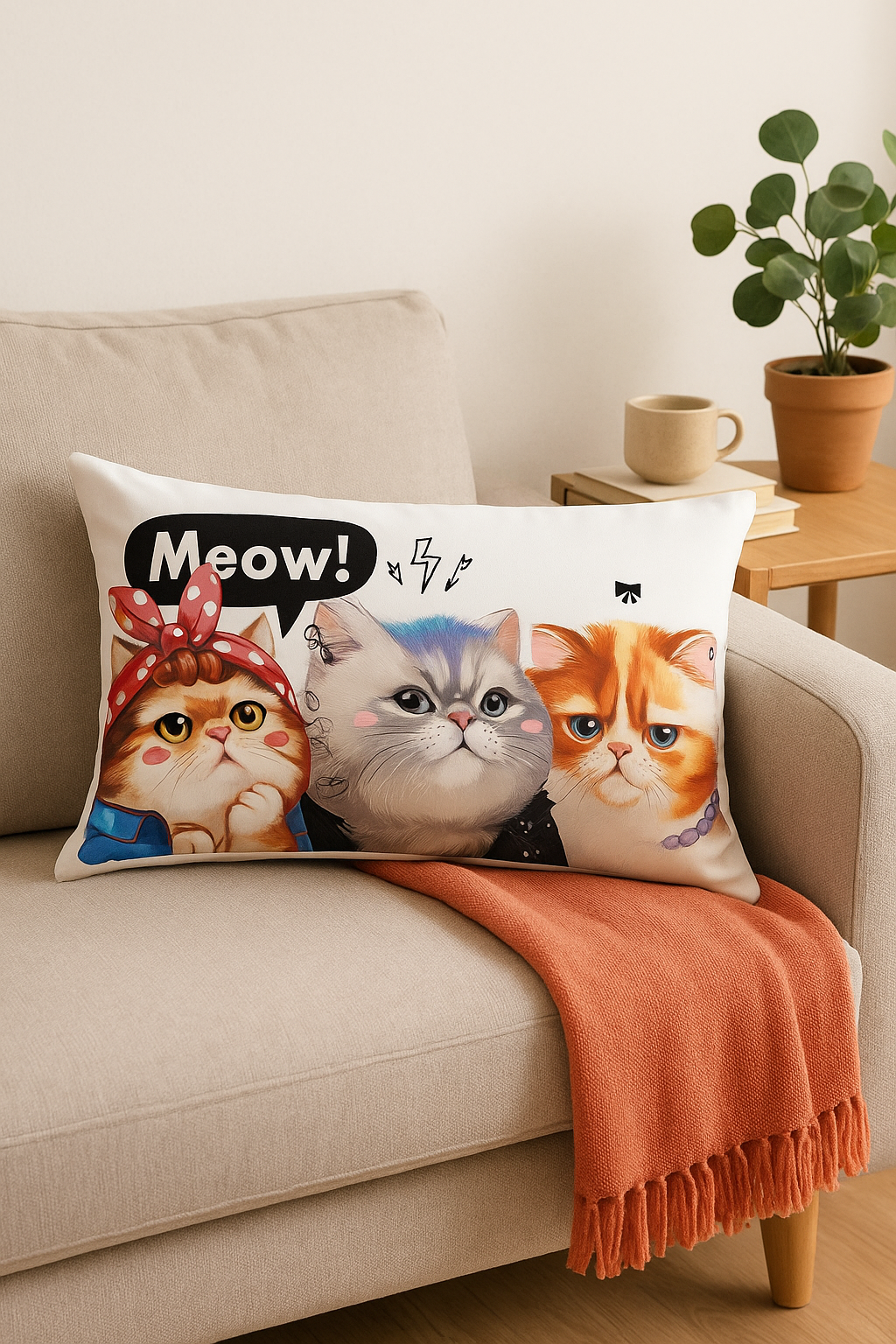 housse de coussin décorative motif petits animaux chiot chat - vue 3 sur 2