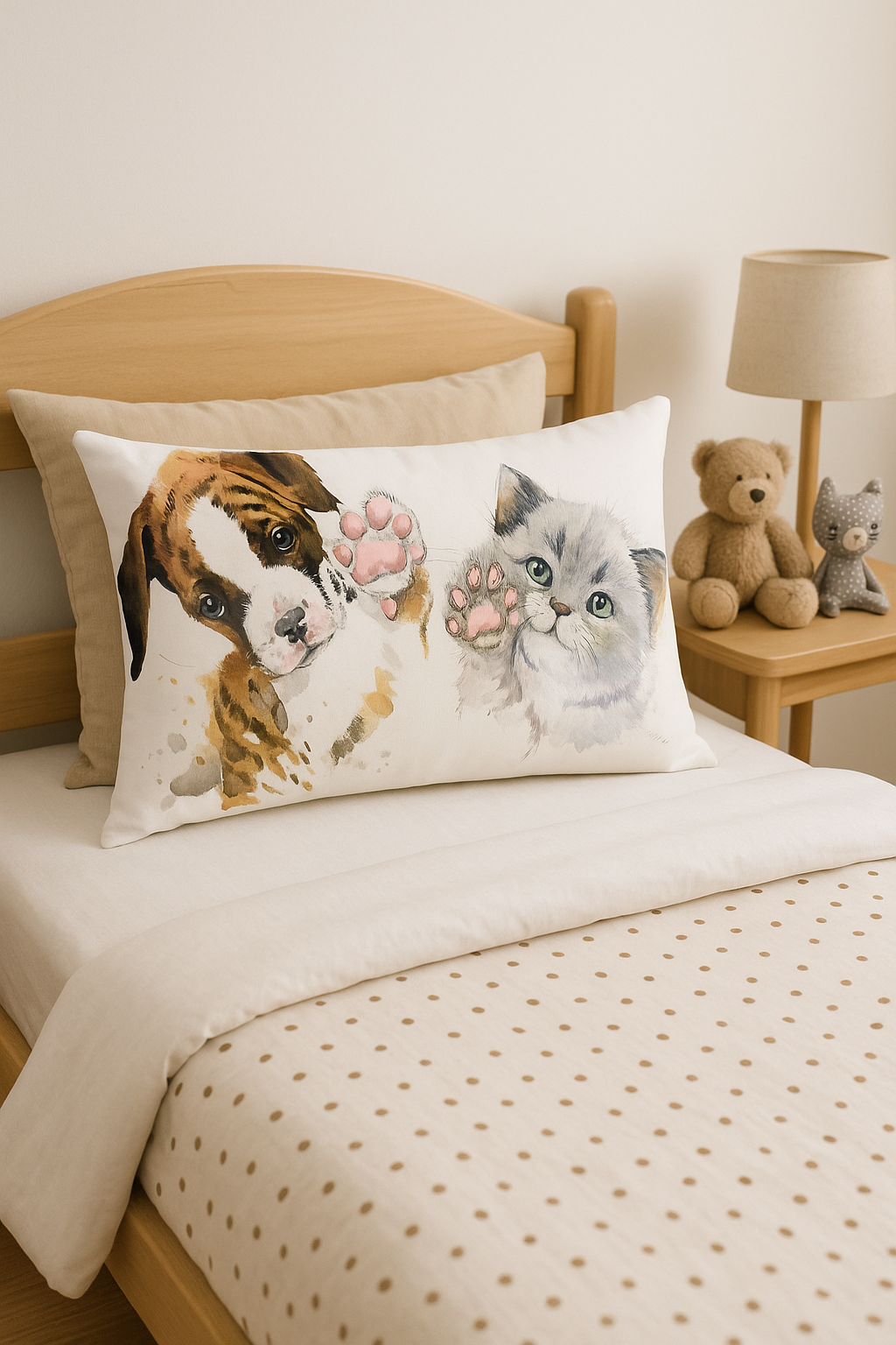 housse de coussin décorative motif petits animaux chiot chat - vue 2 sur 2