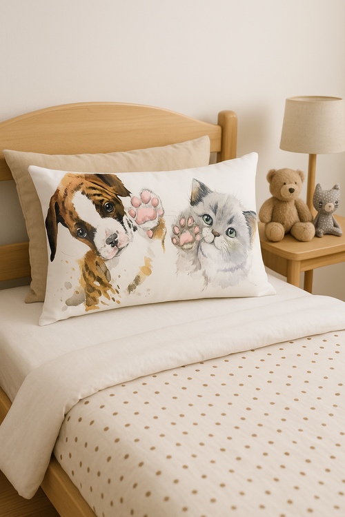 housse de coussin décorative motif petits animaux chiot chat - vue 2 sur 2