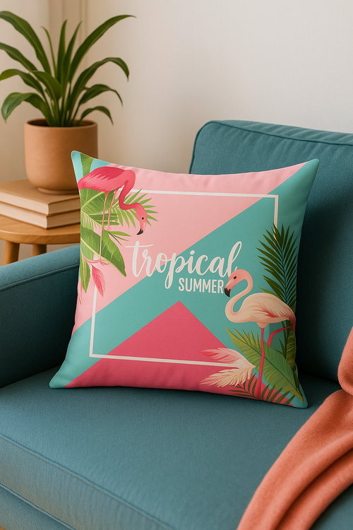 housse de coussin flamant rose tropical 45x45 cm décoratif - vue 2 sur 2