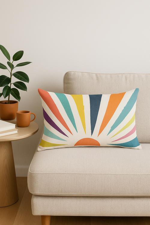 housse de coussin géométrique arc-en-ciel et motif végétal - vue 2 sur 2