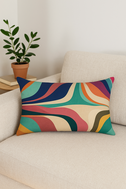 housse de coussin géométrique arc-en-ciel et motifs végétaux - vue 2 sur 2
