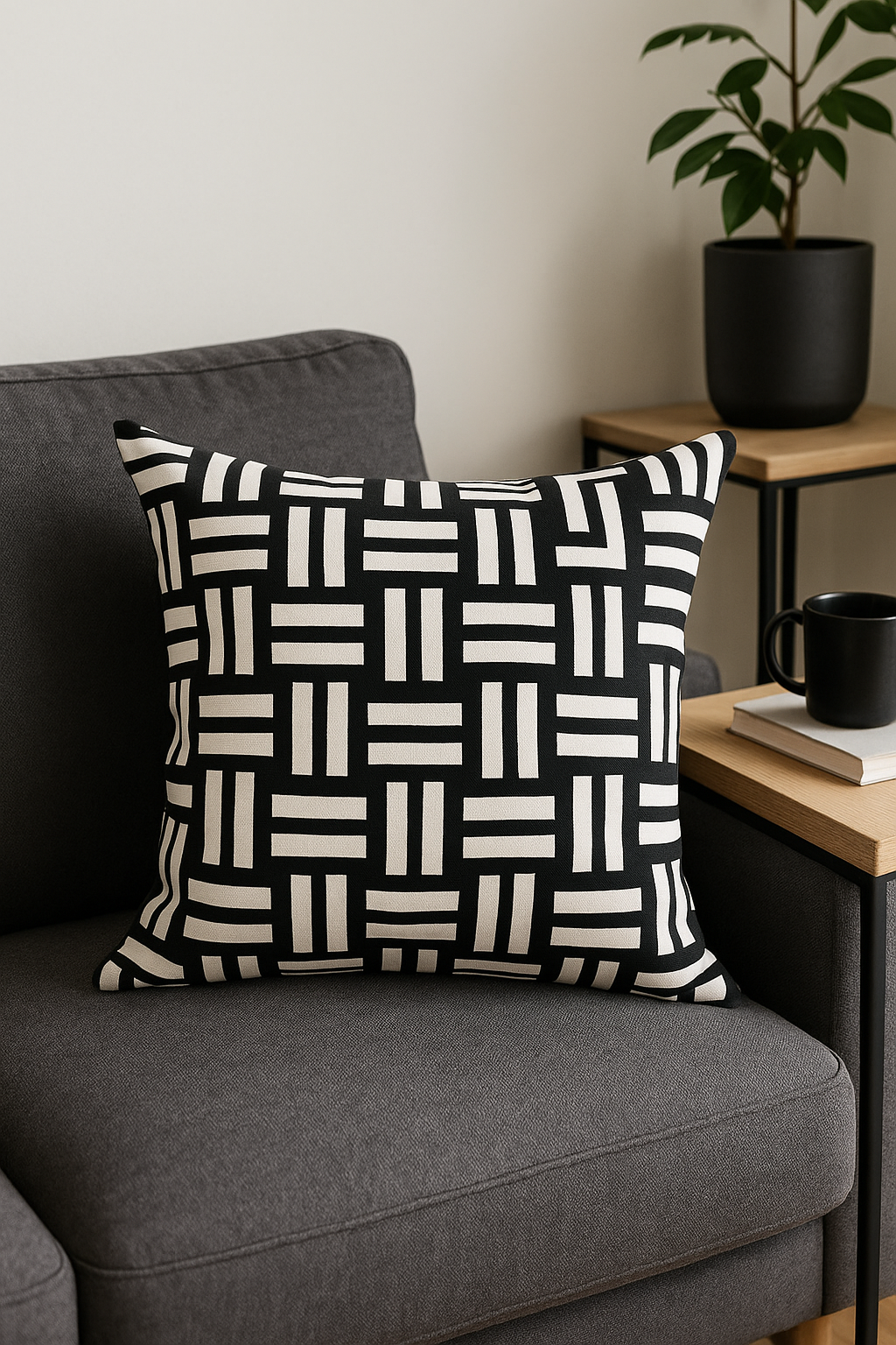 housse de coussin géométrique noire et blanche décorative à lignes ondulées - vue 3 sur 2