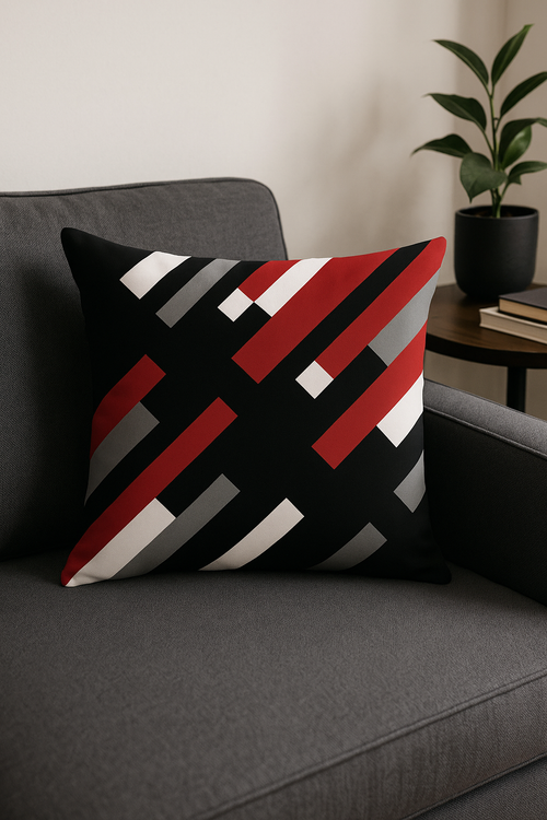 housse de coussin géométrique noire et rouge décorative - vue 2 sur 2