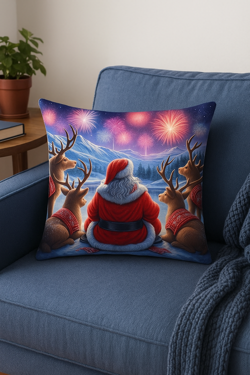 housse de coussin motif père noël et bonhommes de neige