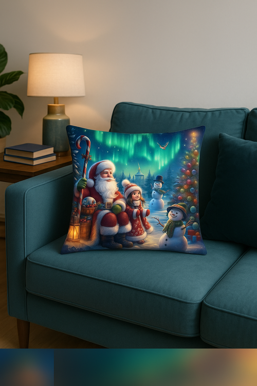 housse de coussin motif père noël et bonhommes de neige décoratif - vue 2 sur 2