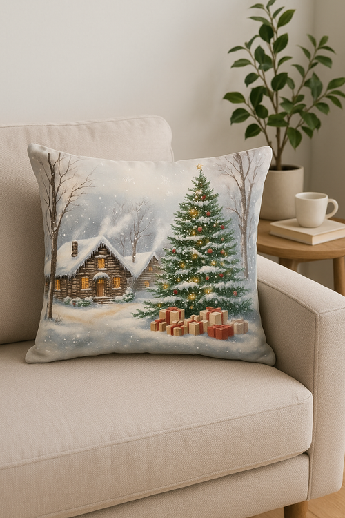 housse de coussin motif père noël et chalet enneigé - vue 2 sur 2