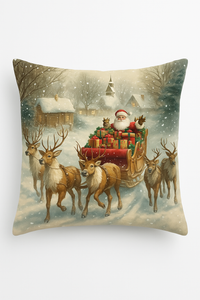 housse de coussin motif père noël et chalet enneigé