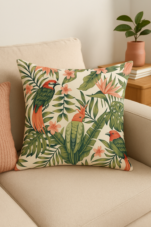 housse de coussin motif perroquet style tropical pour salon - vue 2 sur 2