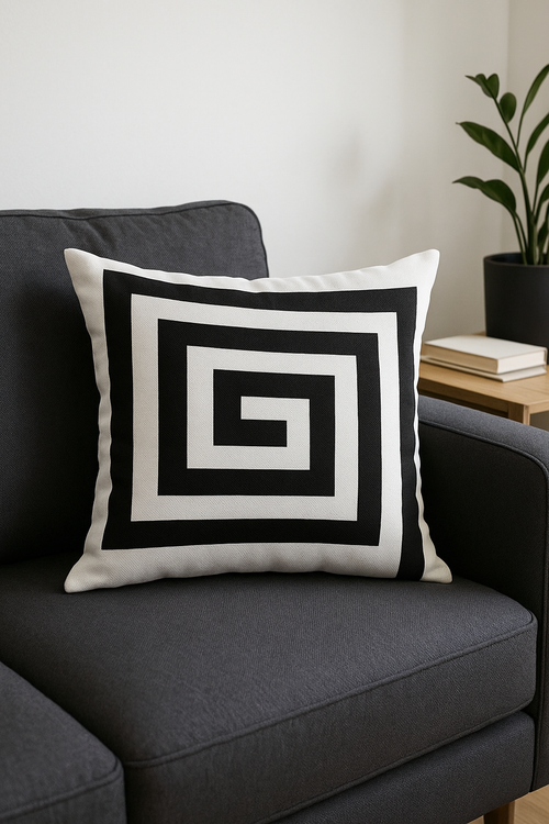 housse de coussin noire et blanche géométrique à lignes ondulées - vue 2 sur 2