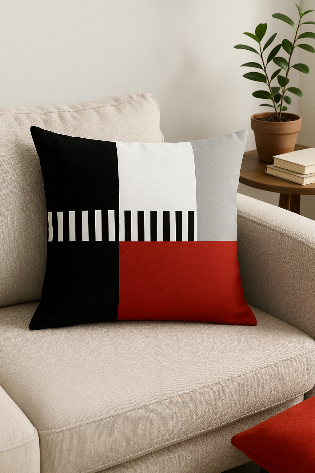 housse de coussin noire et rouge motif géométrique élégant