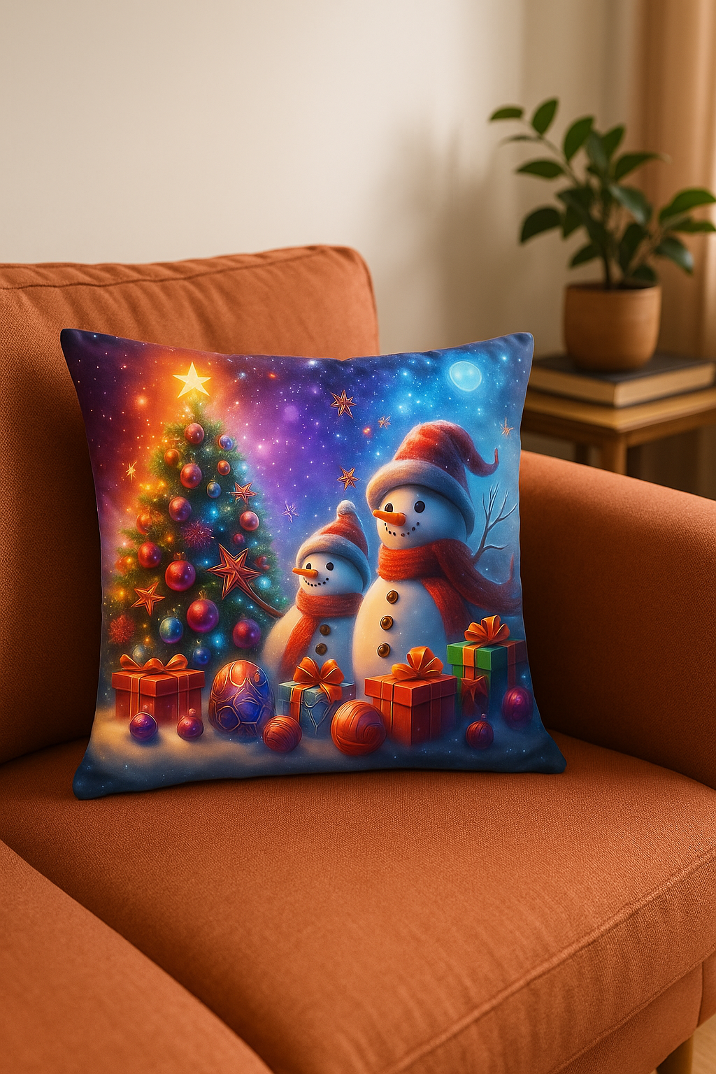 housse de coussin père noël cerfs et bonshommes de neige festive - vue 3 sur 2