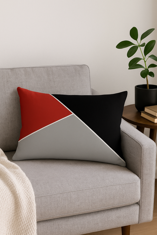 housse de coussin rectangulaire motif géométrique jaune et rouge - vue 2 sur 2